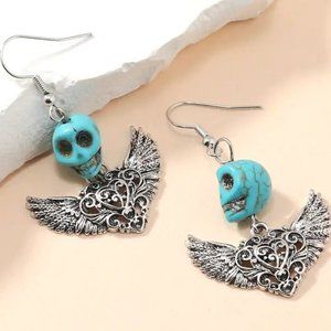 Skull & Wings Dangle Earrings Turquoise Color Stone Pierced Silver Tone Gift